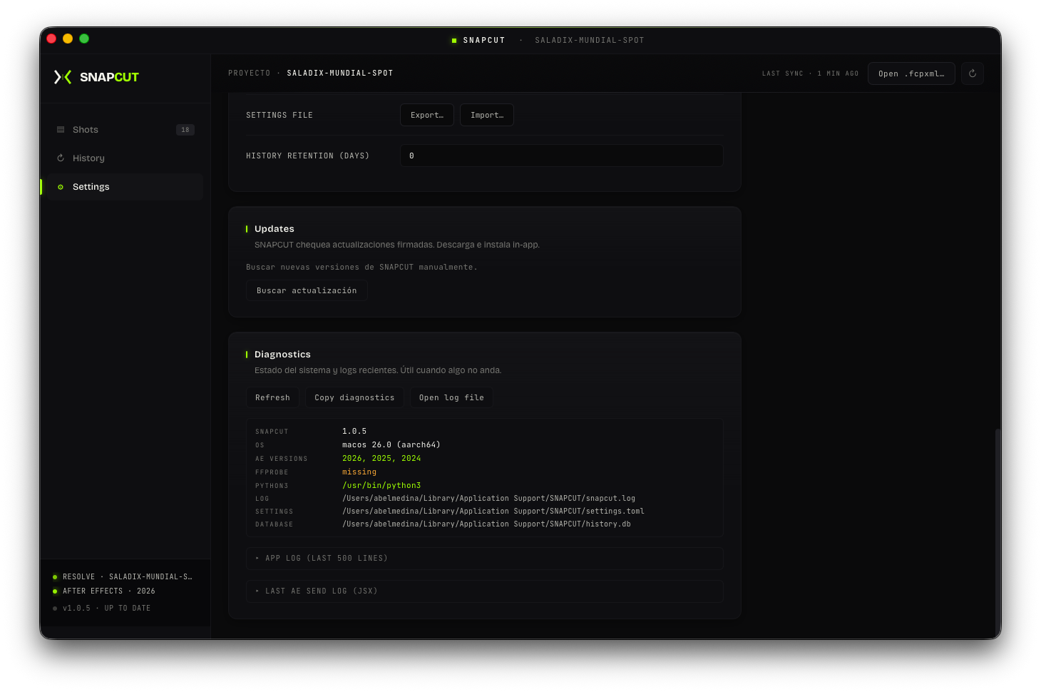 Settings sección Updates y Diagnostics
